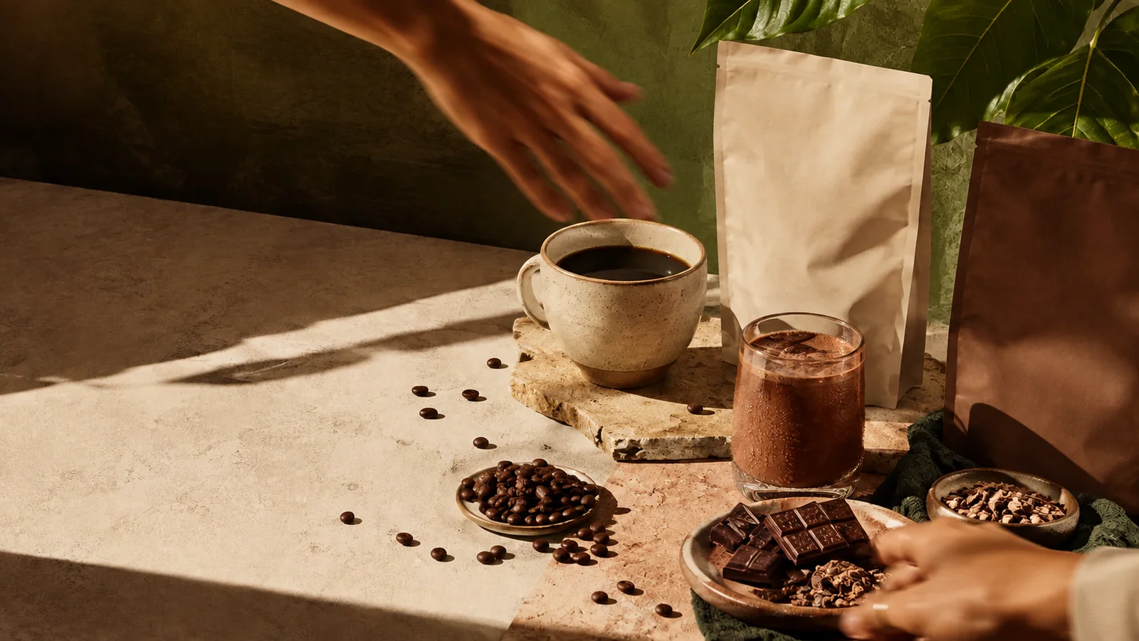 Composición editorial de café y cacao sobre una mesa de color